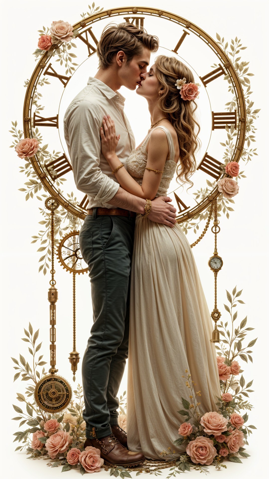 Romantic Embrace Before a Grand Clock with Roses