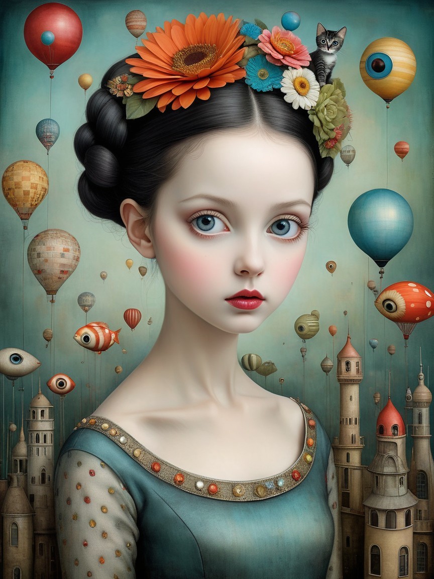 Whimsical Portrait of a Girl with Hot Air Balloons