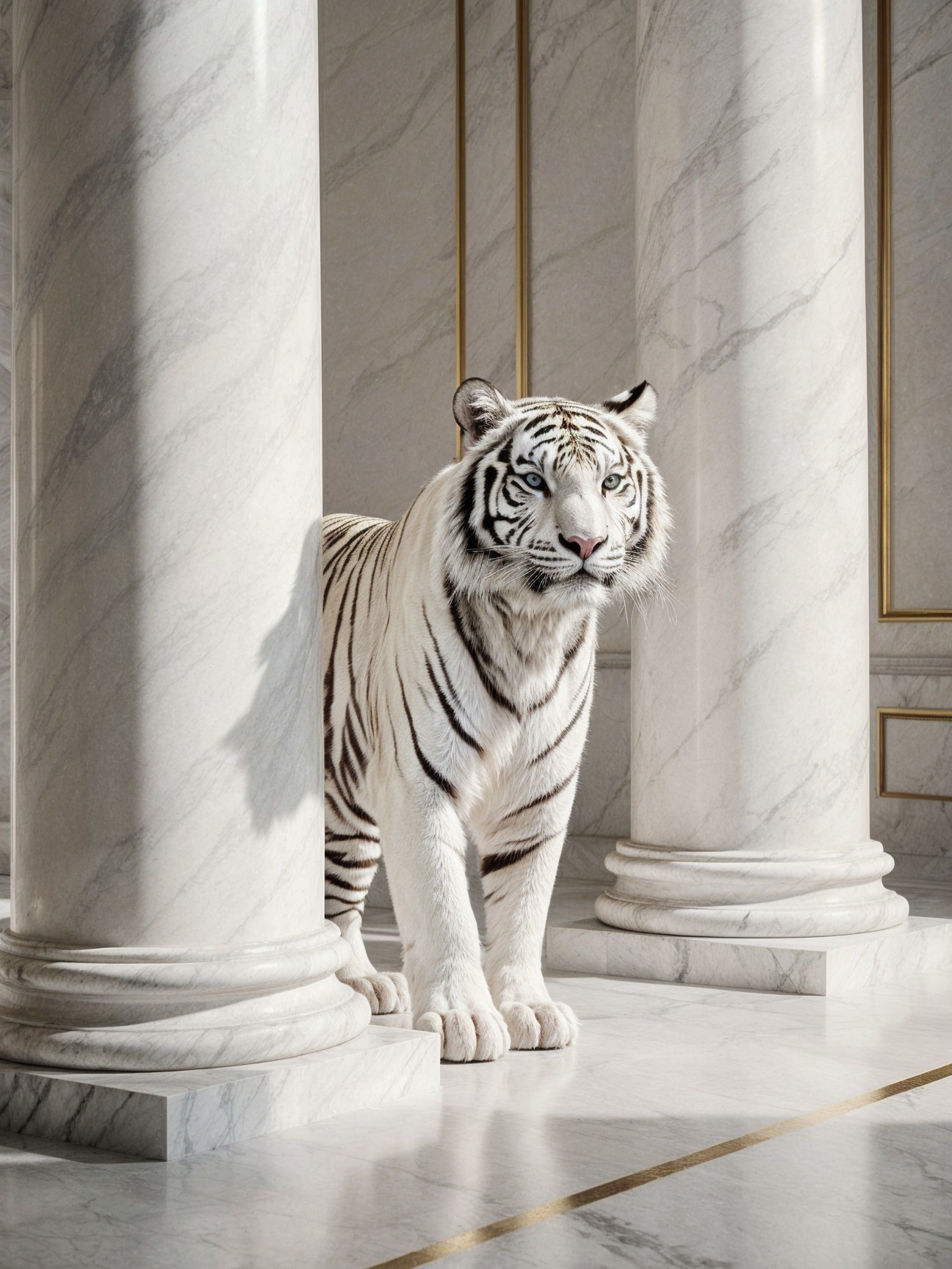 White tiger between marble columns in serene setting