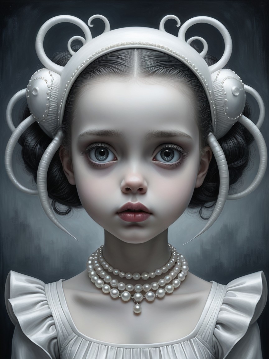 Young girl with ethereal appearance and pearl accessories