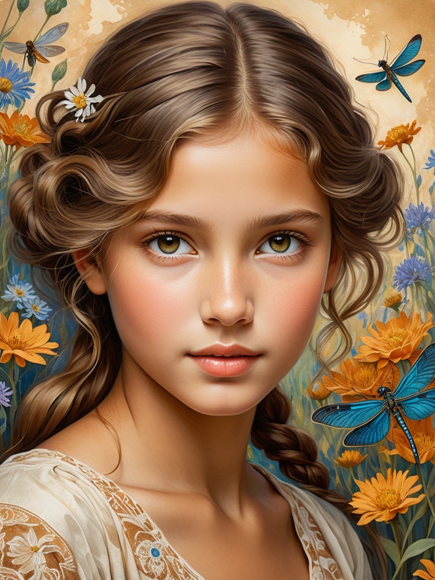 Young girl with daisy hairpin and vibrant flowers