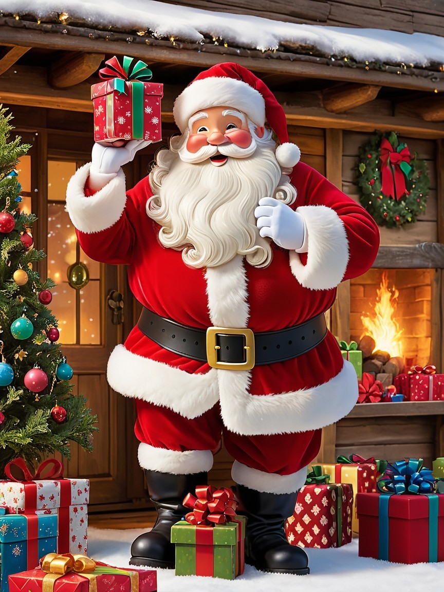 Cheerful Santa Claus with Gifts by Festive Cabin