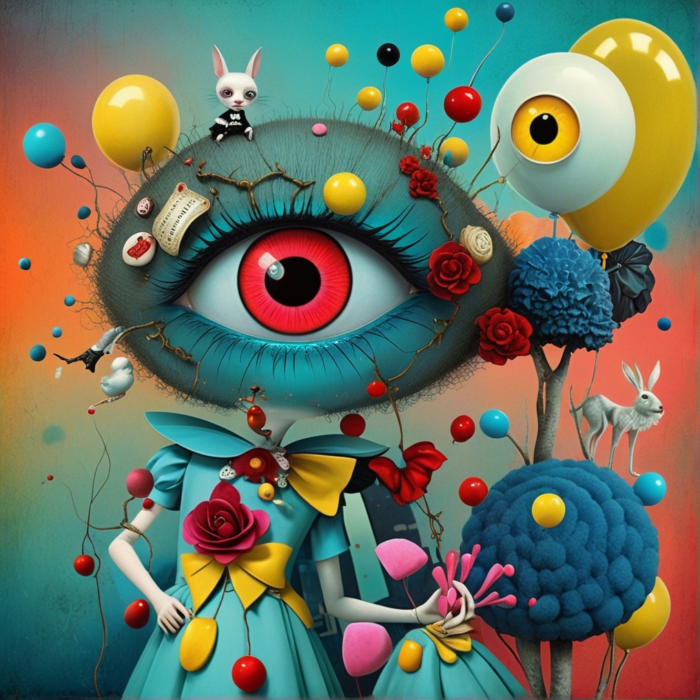 Whimsical Figure with Oversized Eye and Colorful Elements