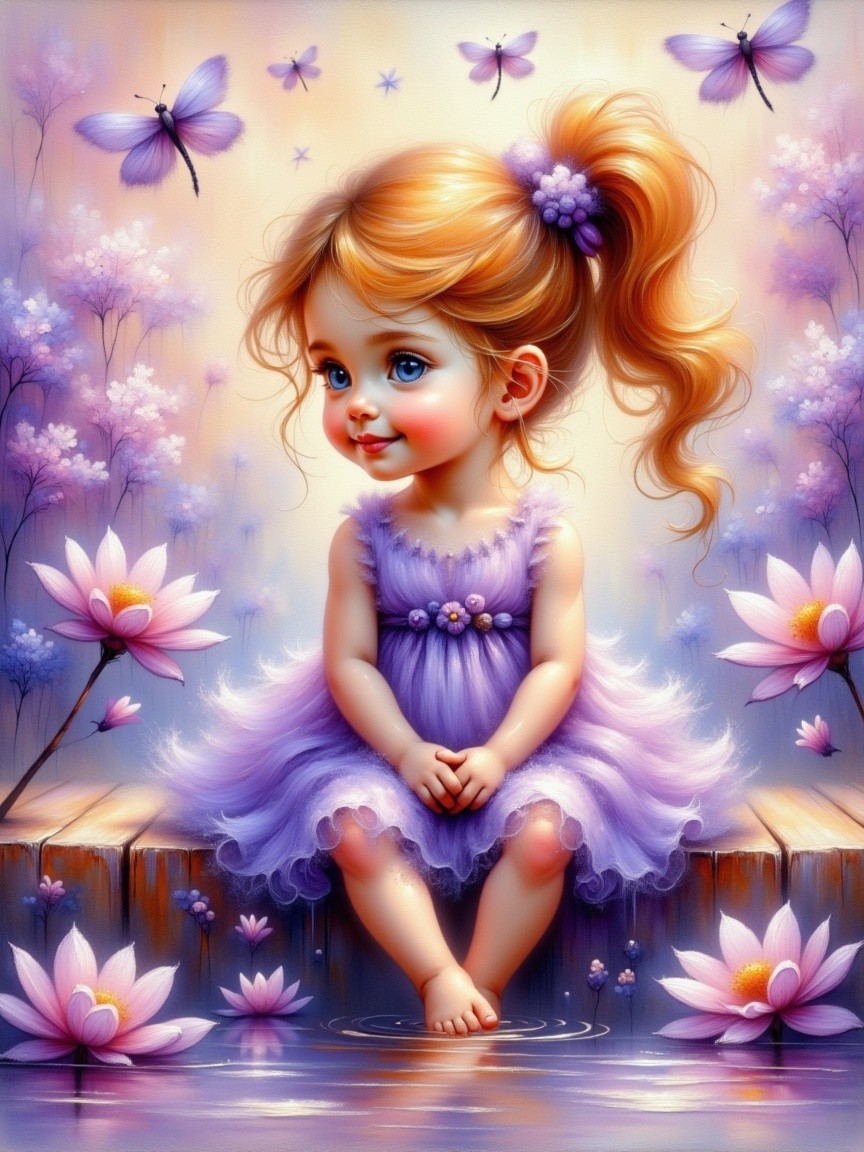 Young girl by serene pond with lotus flowers and butterflies