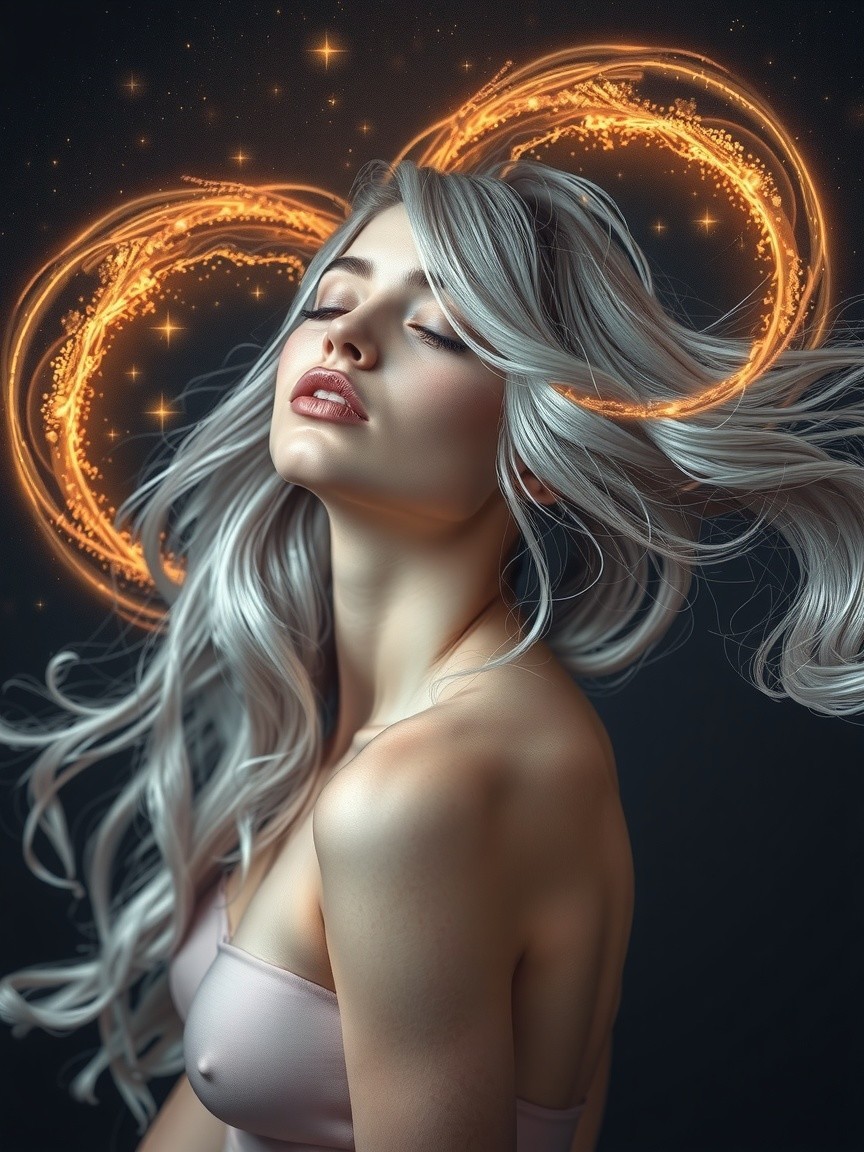 Serene Woman with Silver Hair in Mystical Setting