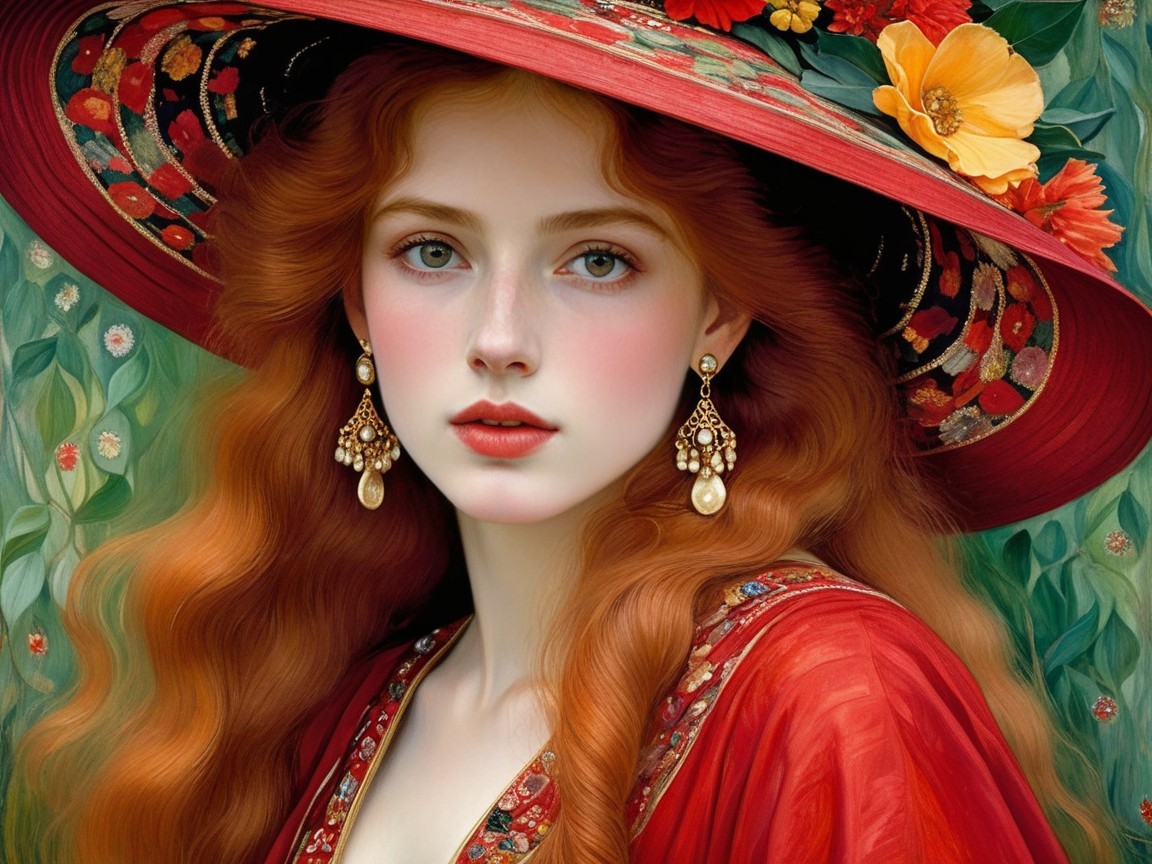 Young Woman in Red Dress with Floral Hat and Earrings