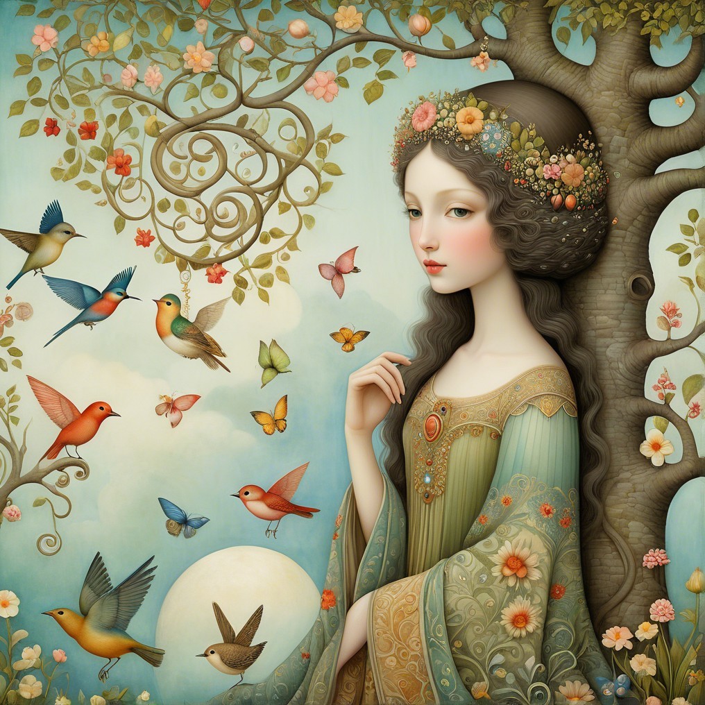 Young woman in floral crown in whimsical nature scene