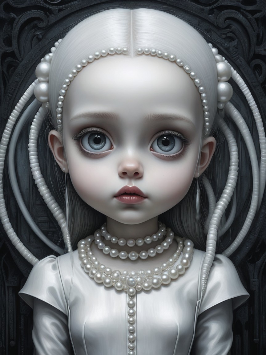 Doll-like girl with large eyes and braided white hair