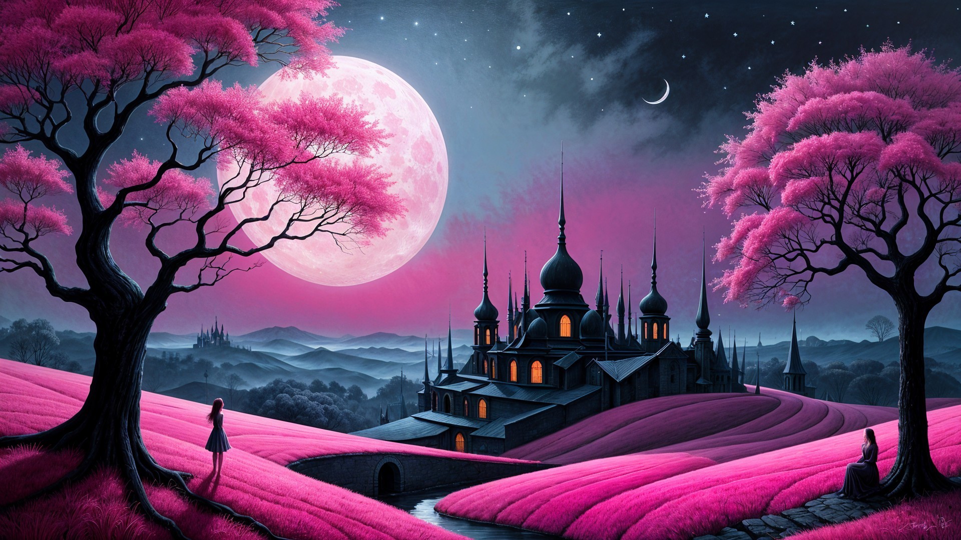 Mystical Landscape with Moon and Vibrant Pink Trees