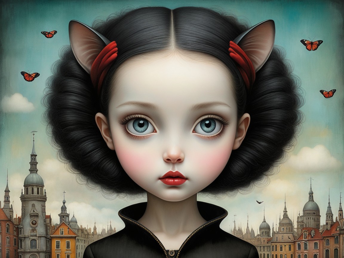 Young girl with expressive eyes in whimsical cityscape