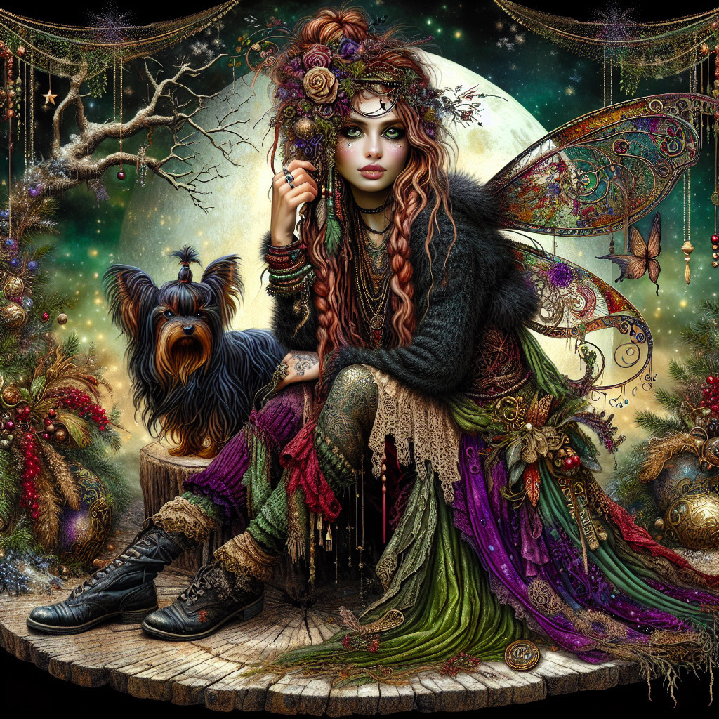 Whimsical Fairy on Stump with Yorkshire Terrier