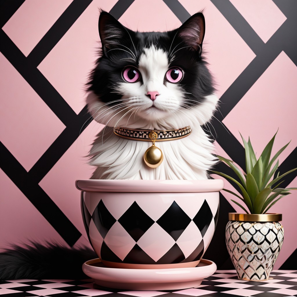 Cat in Decorative Planter with Geometric Background
