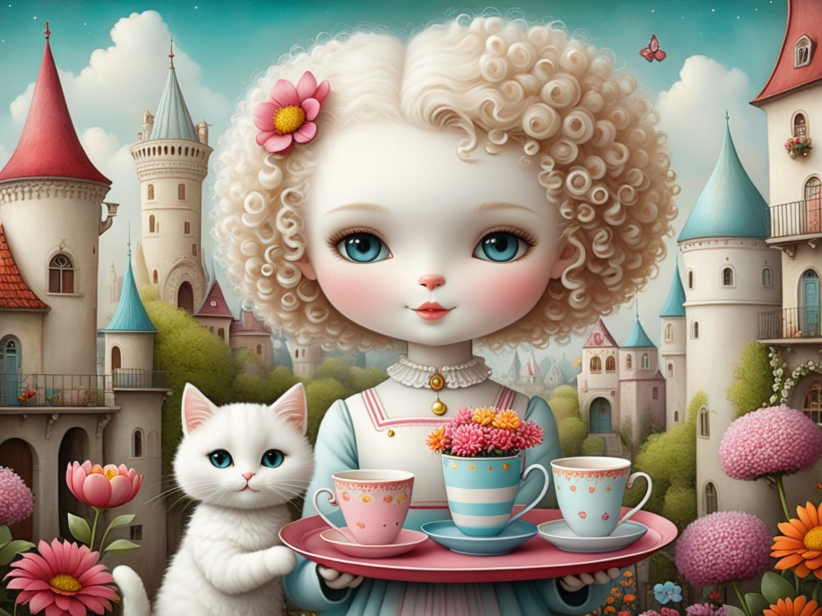 Whimsical Scene of a Girl with Teacups and Cat