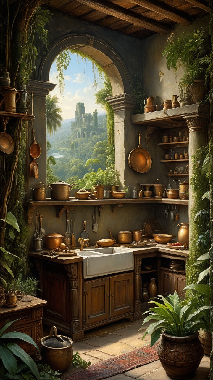 Sunlit Kitchen with Rustic Cabinets and Green Plants