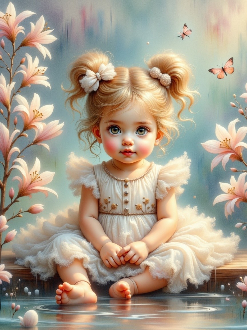 Young girl in white dress among colorful flowers