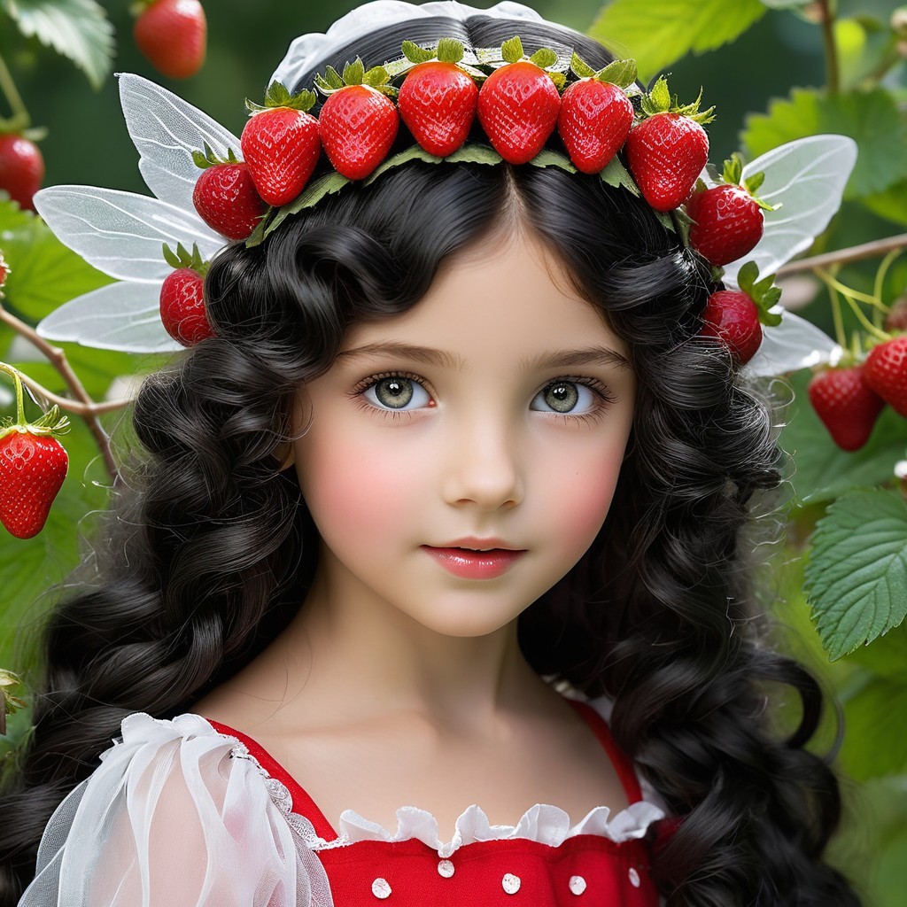 Young girl in red dress with strawberry crown and wings