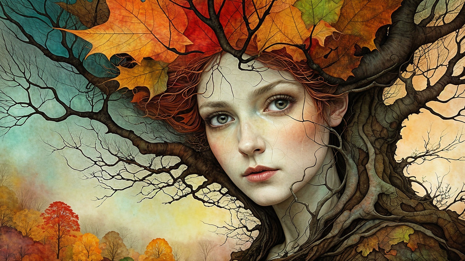 Surreal Portrait of a Woman with Nature Elements