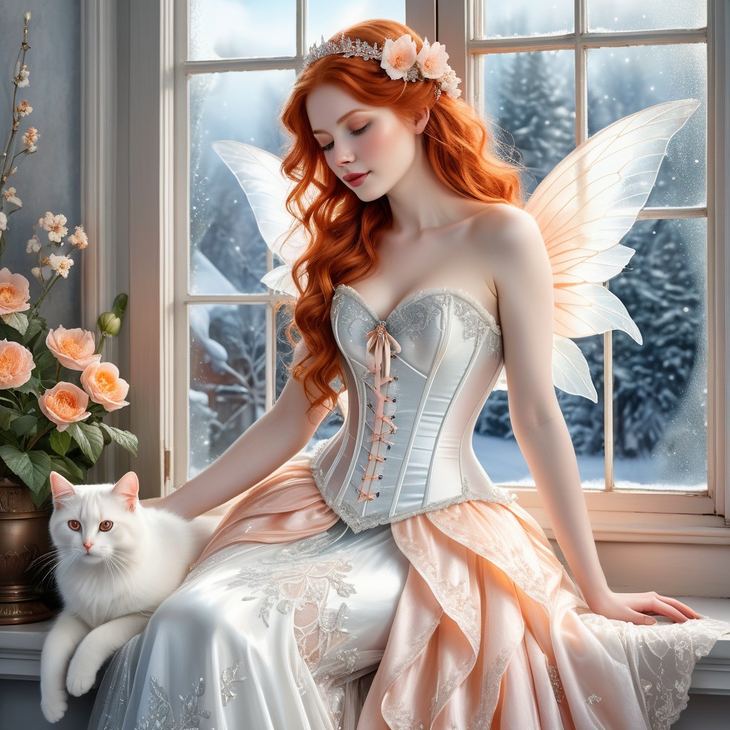 Fairy by Window with Snowy Scenery and Roses