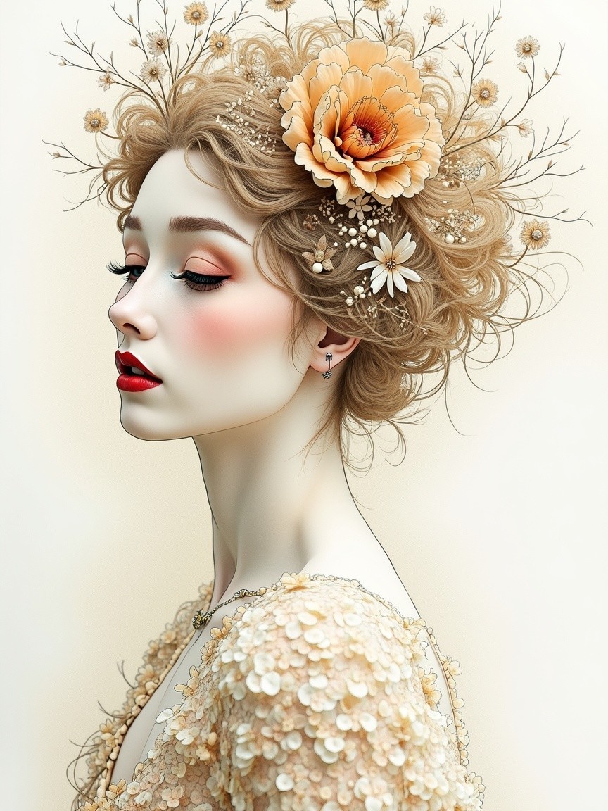 Serene Woman with Floral Hairpiece and Sequined Gown