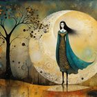 Serene landscape with woman in turquoise cloak and moon