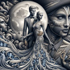 Stylized Female Figure with Shadowy Male Silhouette