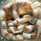 Fluffy Kitten in Clouds with Open Book and Backpack
