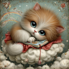 Fluffy Orange and White Kitten on Cloud with Book