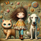 Whimsical Garden Scene with Girl, Robot, and Cat