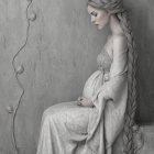 Pregnant Woman in Elegant White Gown with Teal Sash