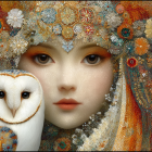 Serene woman with golden crown and fluffy dogs in snow