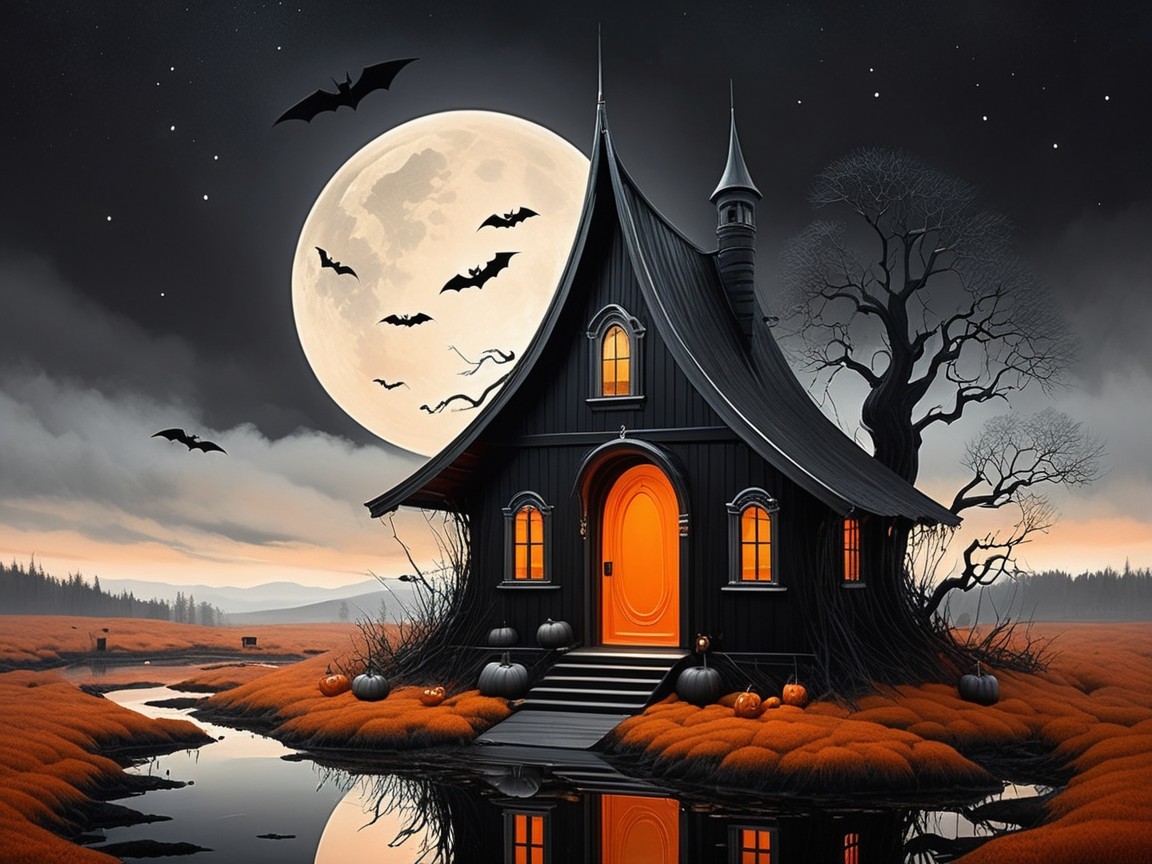 Whimsical Halloween Scene with Black House and Pumpkins