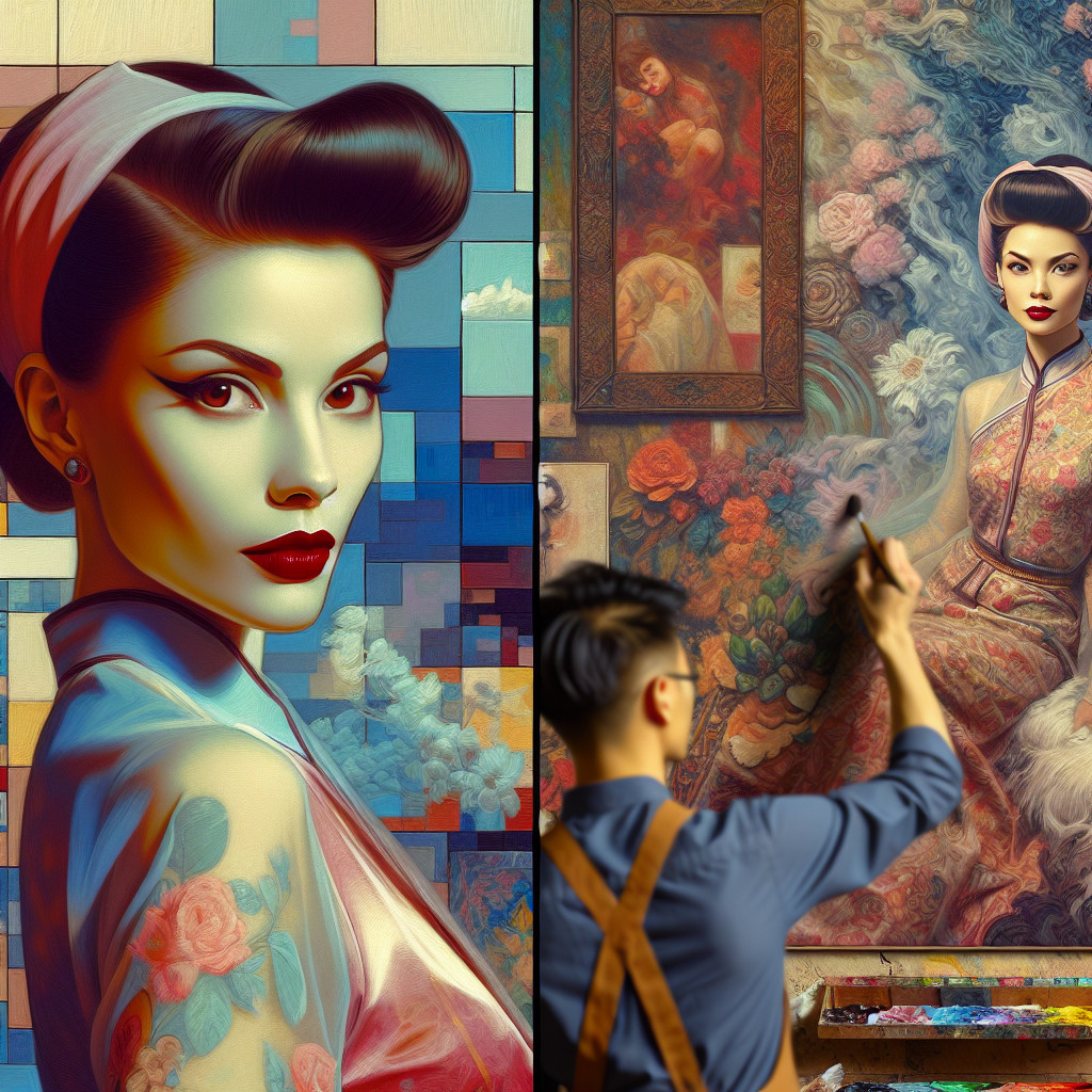 Stylized Portrait and Vibrant Mural of a Woman