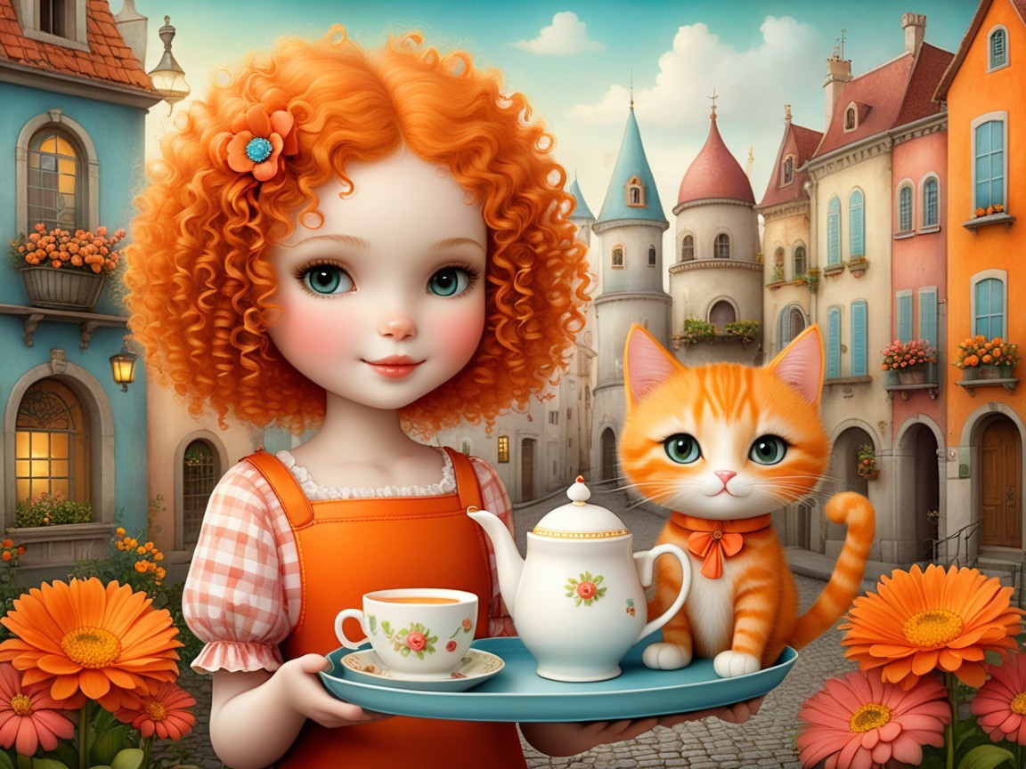 Charming scene of a girl with red hair and tea set