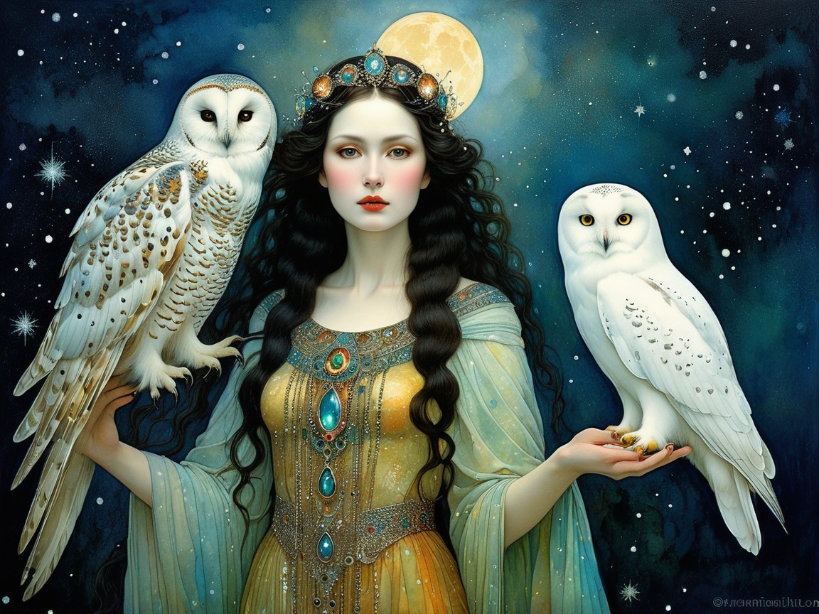 Serene woman with owls in a starry night setting