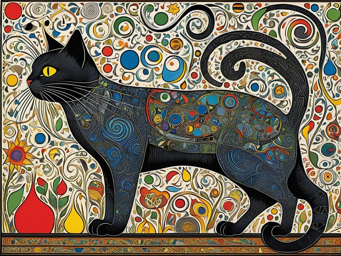 Stylized Black Cat with Colorful Intricate Design