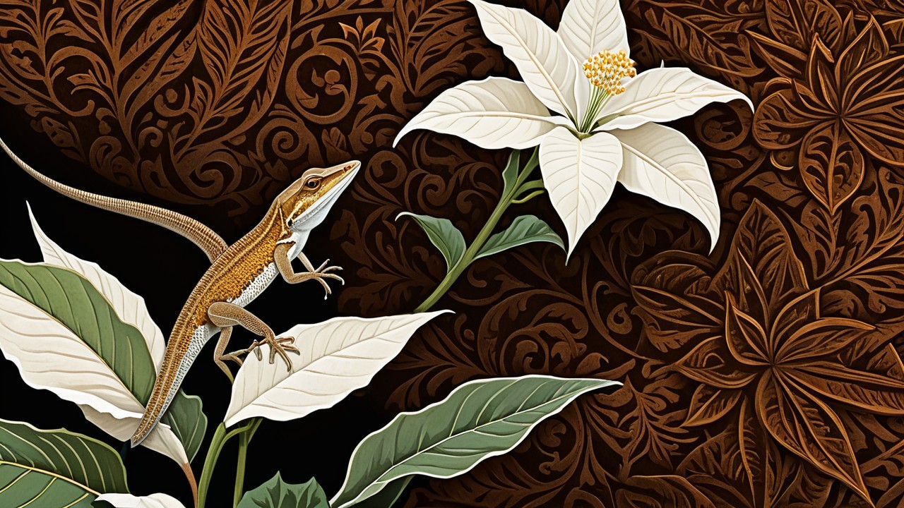 Lizard on Green Leaves with White Flower Illustration