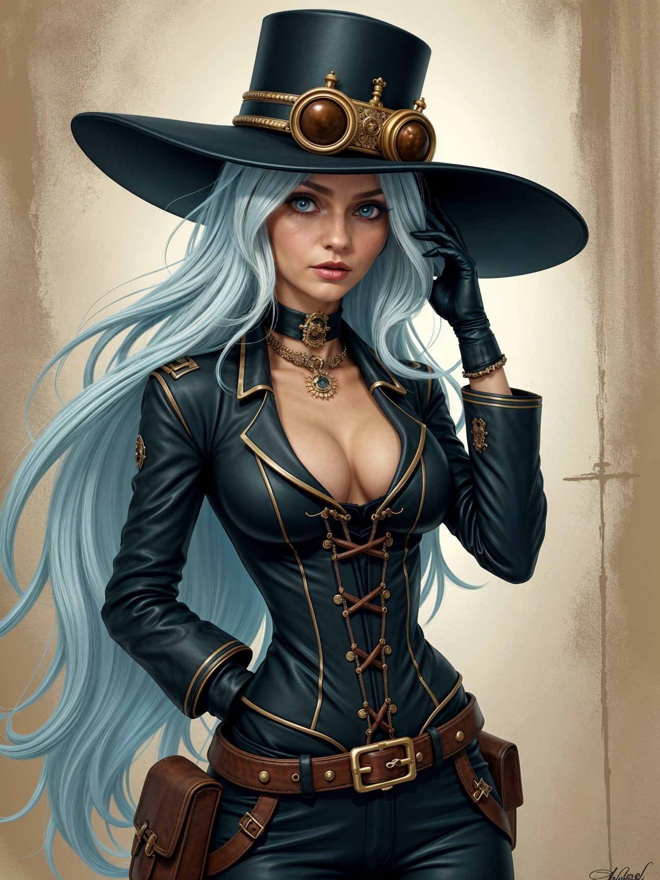 Steampunk-inspired figure in black outfit with gold accents