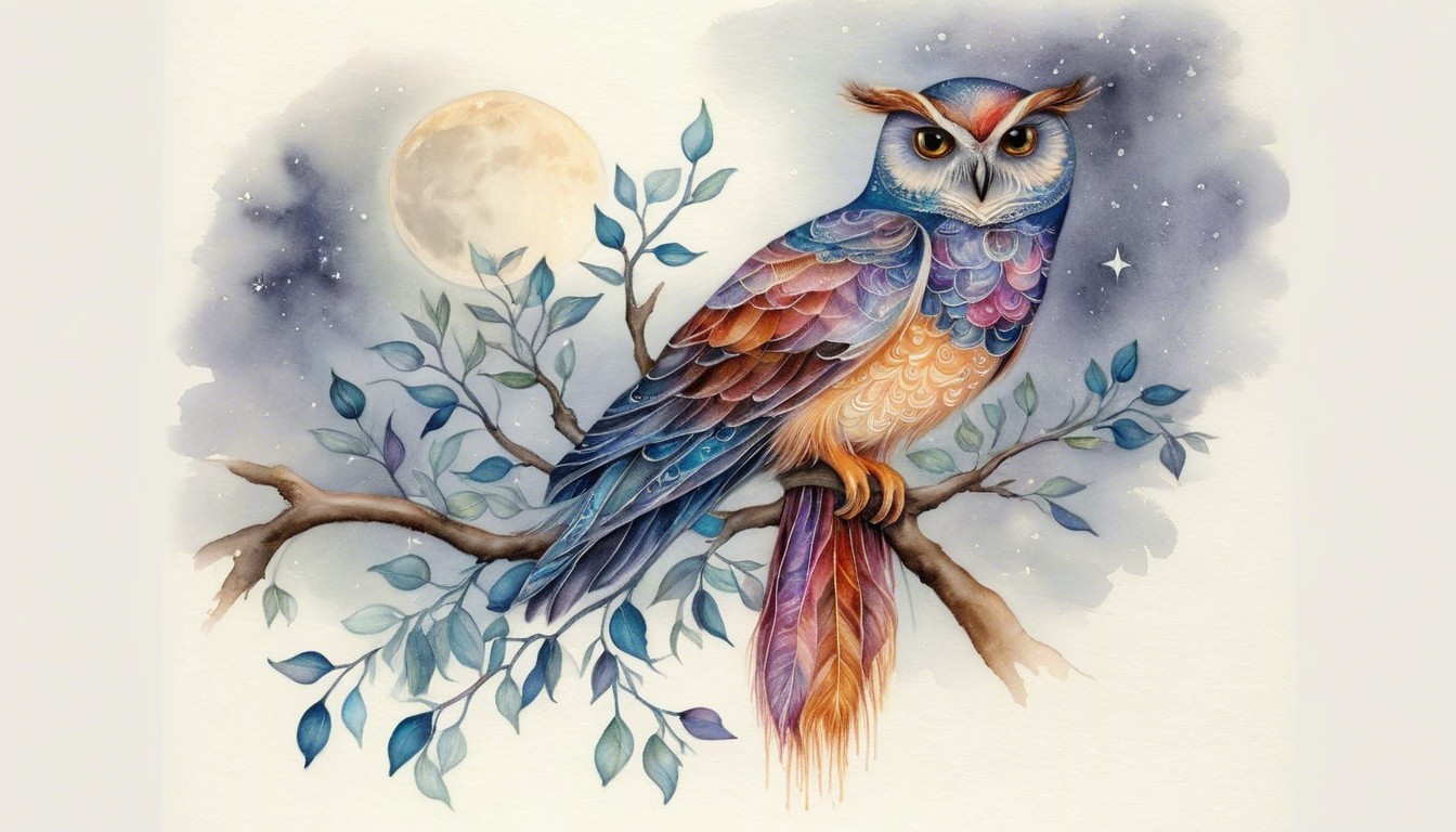 Illustration of an Owl on a Branch at Night