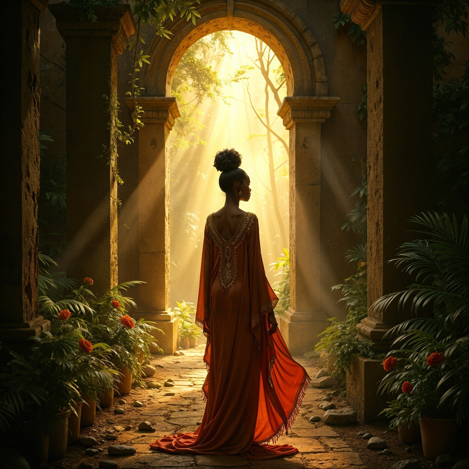Silhouette of Woman in Orange Gown by Sunlit Archway