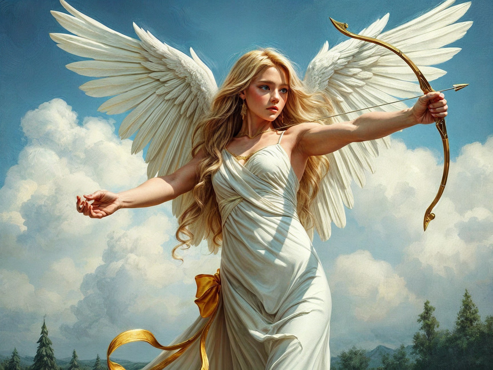 Majestic figure with wings and golden bow in sky