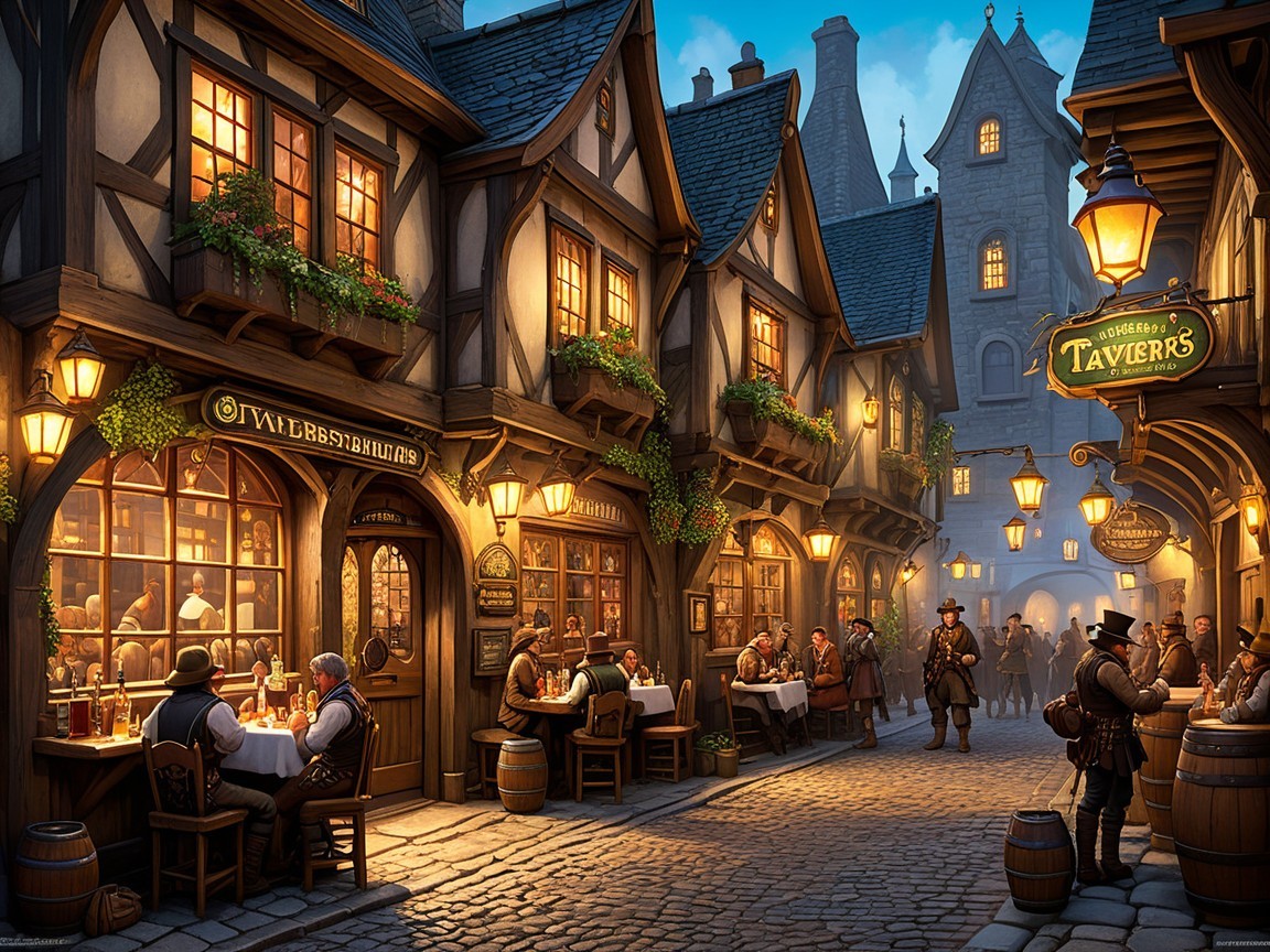 Medieval Street Scene with Taverns and Lanterns