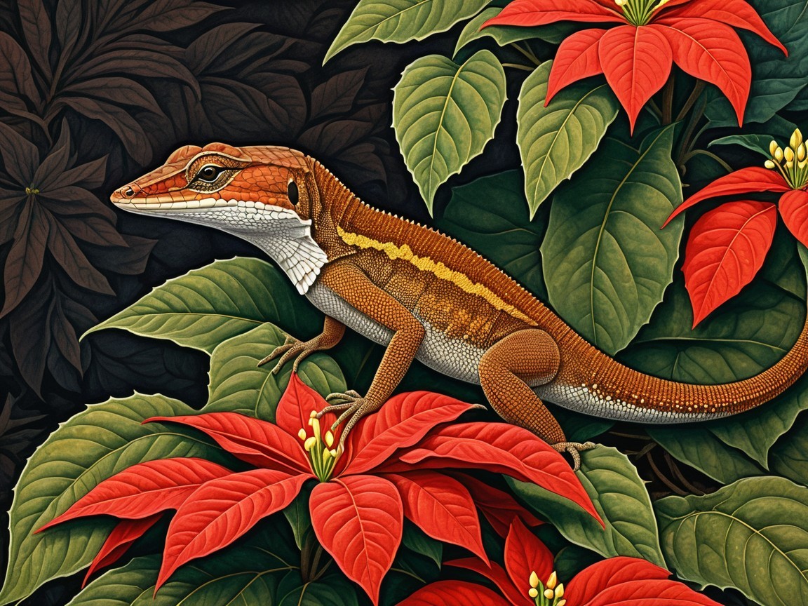 Lizard Among Vibrant Red Poinsettia Flowers