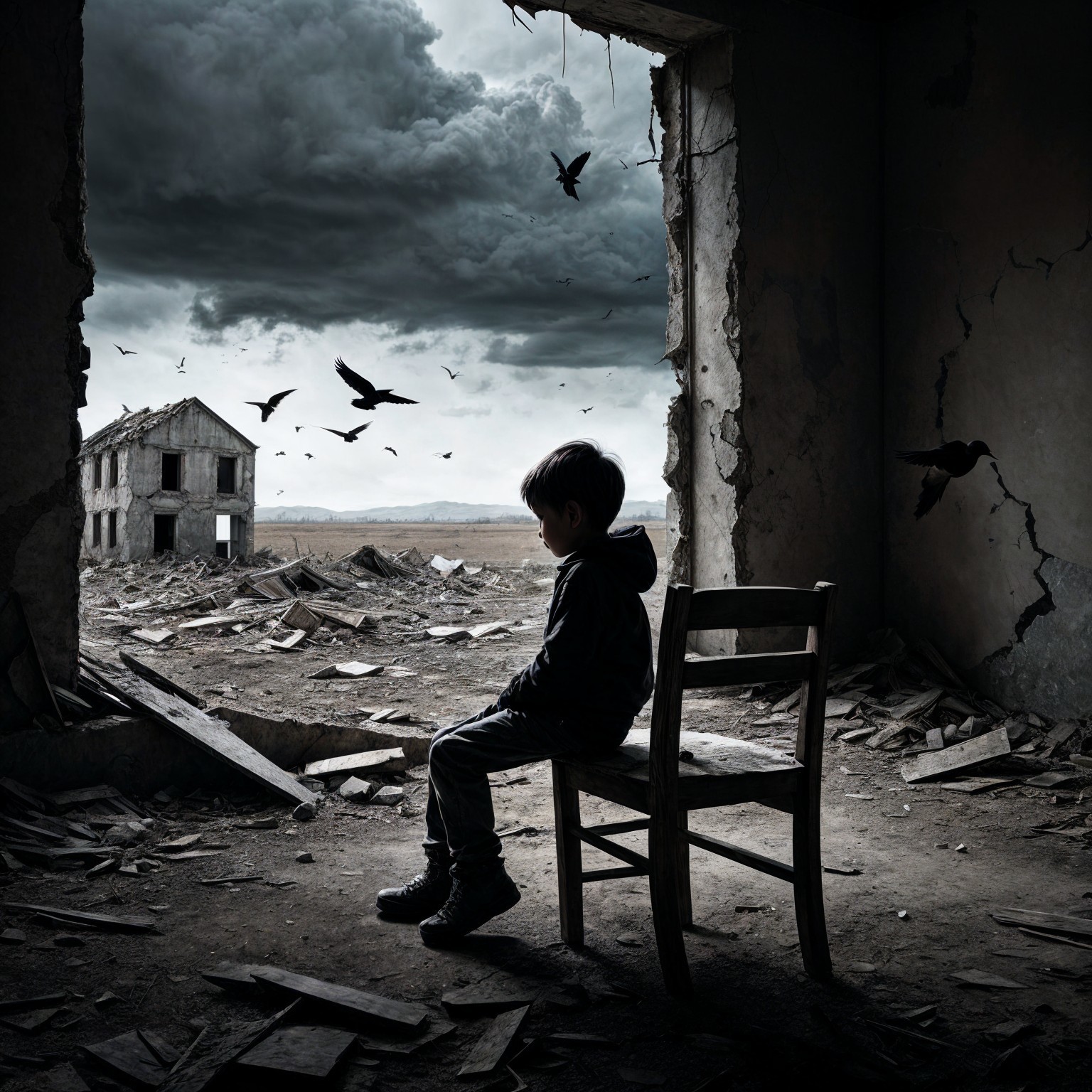 Young Boy in a Ruined Room Under Stormy Sky