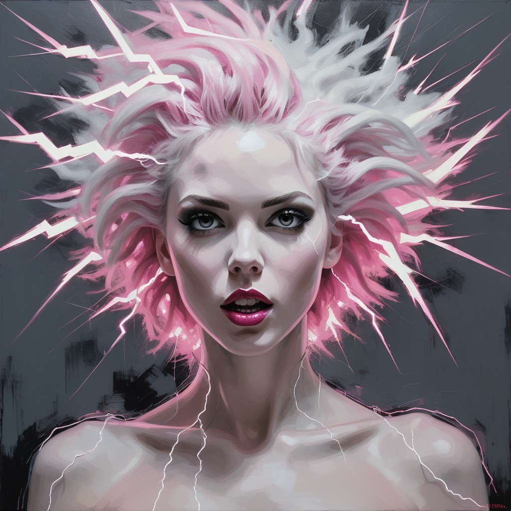 Portrait of a Woman with Pink Hair and Lightning Effects
