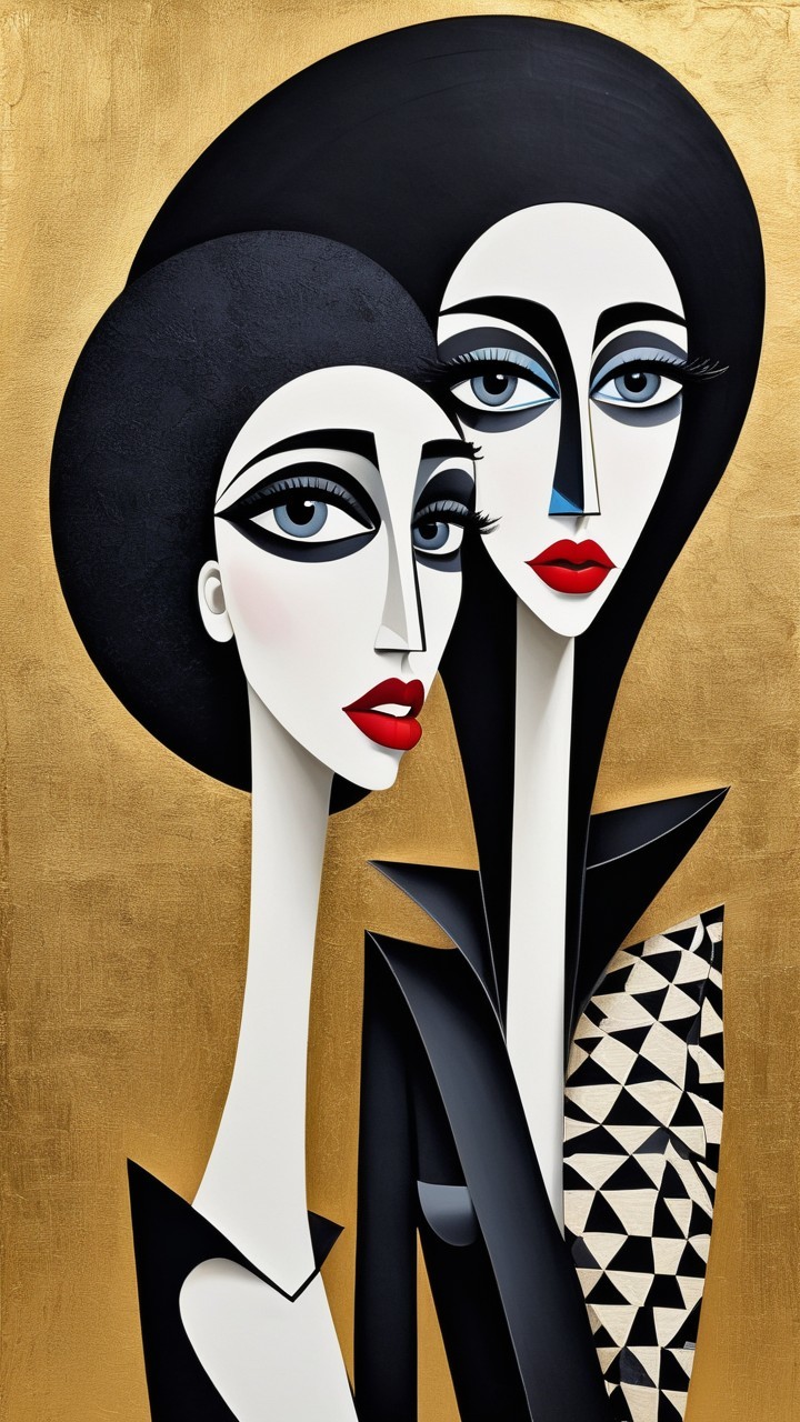 Stylized Figures with Bold Colors and Gold Background