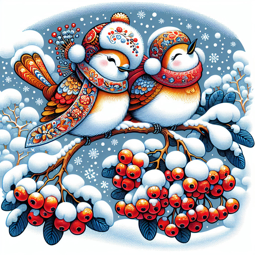 Whimsical Birds on Snowy Branch with Red Berries