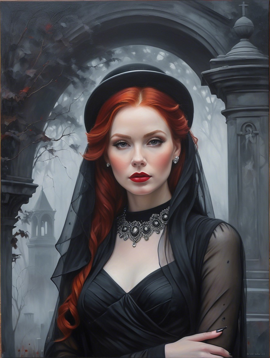 Striking Woman in Black Dress Against Gothic Backdrop