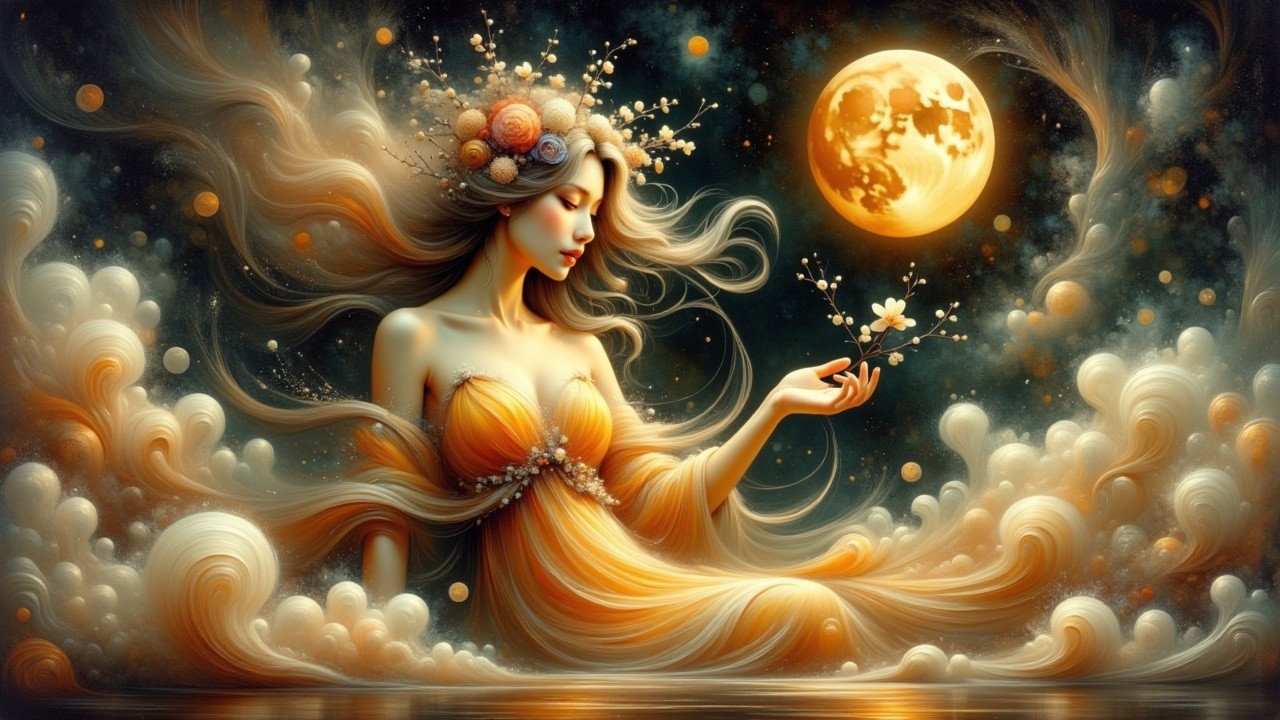 Serene figure in orange gown among ethereal clouds