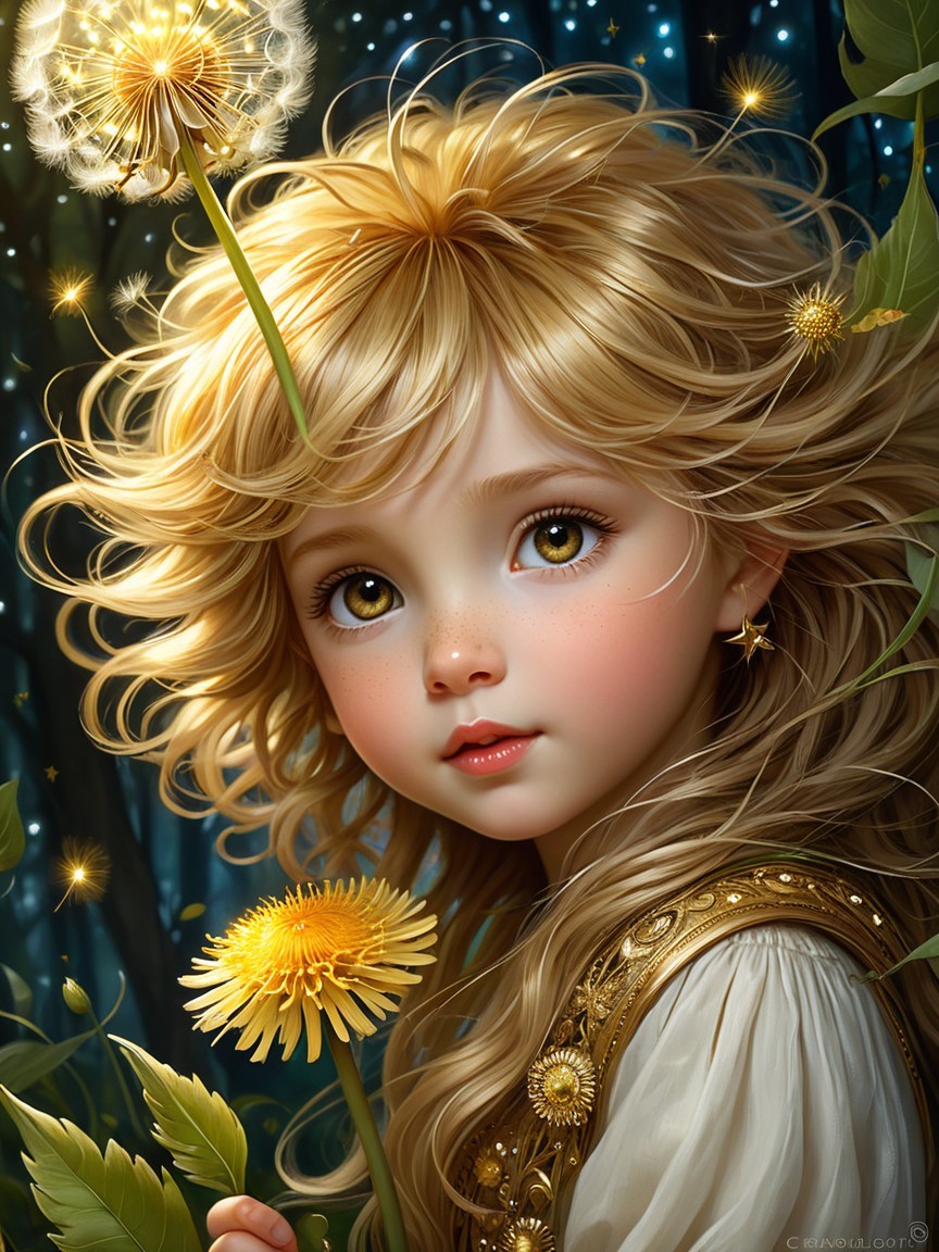 Young girl in embroidered dress with dandelion in forest