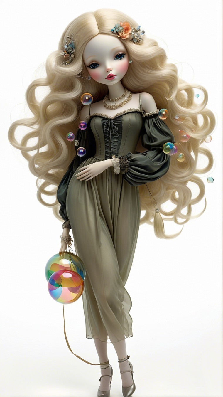 Whimsical doll with flowers, olive dress, and balloons